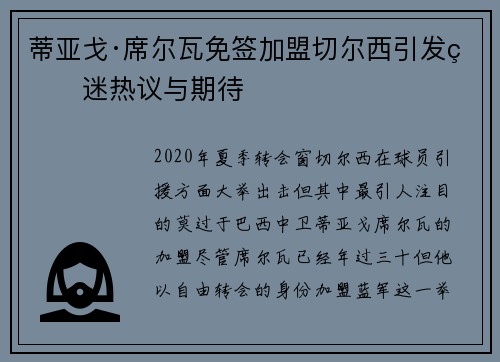 蒂亚戈·席尔瓦免签加盟切尔西引发球迷热议与期待